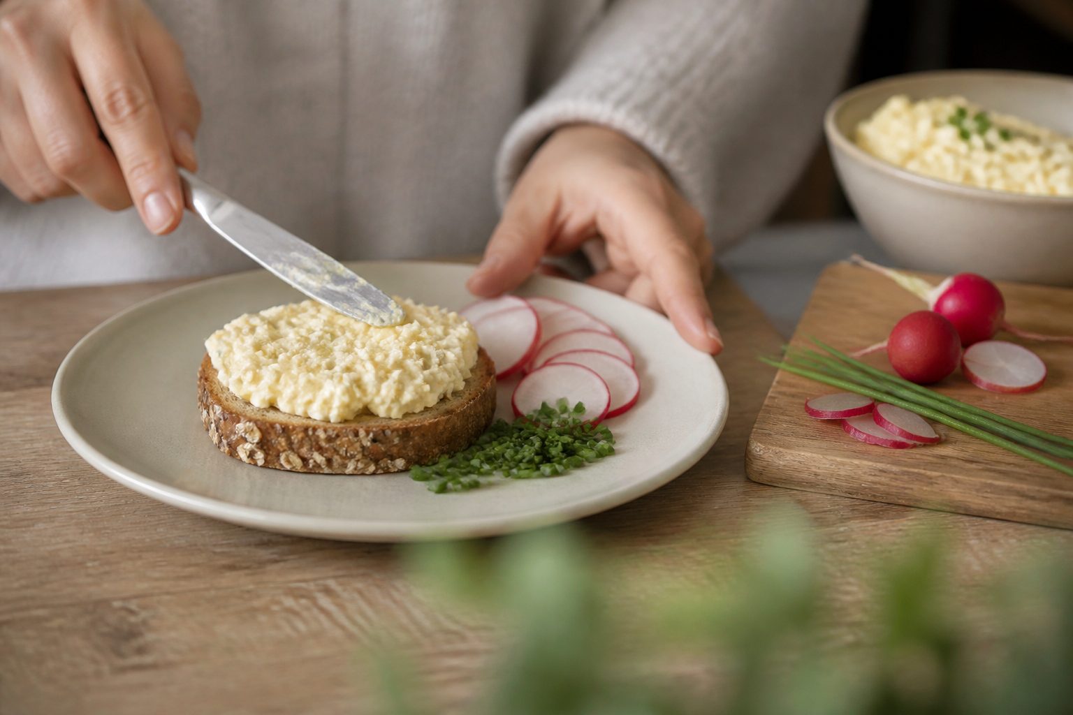 Natieranie vajíčkovej nátierky s cottage syrom na celozrnný toast